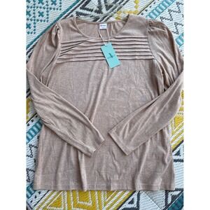 WIHOLL Womens XL Long Sleeve Pintuck Pleated Crew Neck Top Heathered Tan Beige